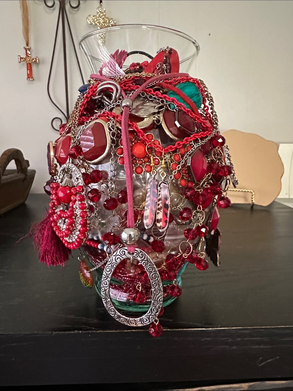 Big And Bold Mystery Jewelry Jar In Shades Of Red.